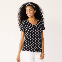 Women's Croft & Barrow® Essential V-Neck Tee -Outlet Croft & Barrow Store 3482291 Black Folk Geo