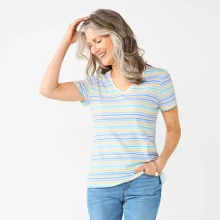 Women's Croft & Barrow® Essential V-Neck Tee -Outlet Croft & Barrow Store 3482291 Blue Yellow Stripe