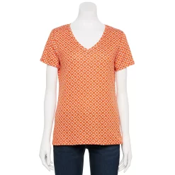 Women's Croft & Barrow® Essential V-Neck Tee -Outlet Croft & Barrow Store 3482291 Orange Sm Folk Geo