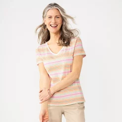 Women's Croft & Barrow® Essential V-Neck Tee -Outlet Croft & Barrow Store 3482291 Pink Green Stripe