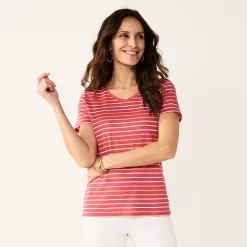 Women's Croft & Barrow® Essential V-Neck Tee -Outlet Croft & Barrow Store 3482291 Pink Thin Stripe