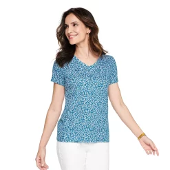 Women's Croft & Barrow® Essential V-Neck Tee -Outlet Croft & Barrow Store 3482291 Teal Ditsy Floral