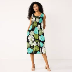 Women's Croft & Barrow® Smocked Swing Midi Dress -Outlet Croft & Barrow Store 3567056 Black Palm