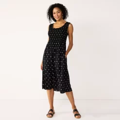 Women's Croft & Barrow® Smocked Swing Midi Dress -Outlet Croft & Barrow Store 3567056 Black Print