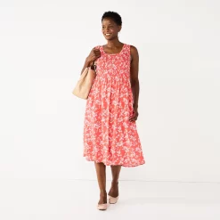 Women's Croft & Barrow® Smocked Swing Midi Dress -Outlet Croft & Barrow Store 3567056 Floral Coral