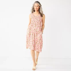 Women's Croft & Barrow® Smocked Swing Midi Dress -Outlet Croft & Barrow Store 3567056 Peach Floral