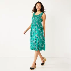 Women's Croft & Barrow® Smocked Swing Midi Dress -Outlet Croft & Barrow Store 3567056 Teal Floral Print