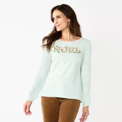 Women's Croft & Barrow® Holiday Long Sleeve Graphic Tee -Outlet Croft & Barrow Store 3913731 Green Stripe Noel