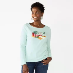 Women's Croft & Barrow® Holiday Long Sleeve Graphic Tee -Outlet Croft & Barrow Store 3913731 Mint Palm Warm Wishes