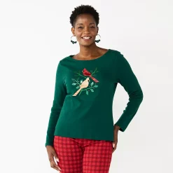 Women's Croft & Barrow® Holiday Long Sleeve Graphic Tee -Outlet Croft & Barrow Store 3913731 Olive Cardinal