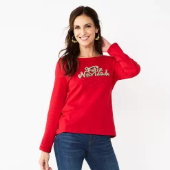 Women's Croft & Barrow® Holiday Long Sleeve Graphic Tee -Outlet Croft & Barrow Store 3913731 Red Feliz Navidad