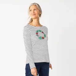 Women's Croft & Barrow® Holiday Long Sleeve Graphic Tee -Outlet Croft & Barrow Store 3913731 White Stripe Wreath