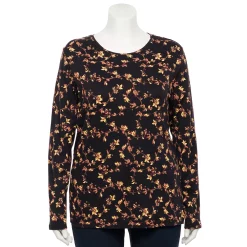 Plus Size Croft & Barrow® Essential Crewneck Long Sleeve Tee -Outlet Croft & Barrow Store 4470907 Black Floral