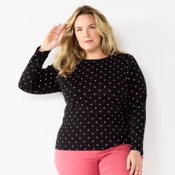 Plus Size Croft & Barrow® Essential Crewneck Long Sleeve Tee -Outlet Croft & Barrow Store 4470907 Black Pink Heart