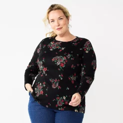 Plus Size Croft & Barrow® Essential Crewneck Long Sleeve Tee -Outlet Croft & Barrow Store 4470907 Black Pink Paisley