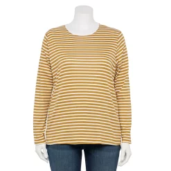 Plus Size Croft & Barrow® Essential Crewneck Long Sleeve Tee -Outlet Croft & Barrow Store 4470907 Brown Clean Stripe
