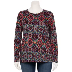 Plus Size Croft & Barrow® Essential Crewneck Long Sleeve Tee -Outlet Croft & Barrow Store 4470907 Multi Festive Medal