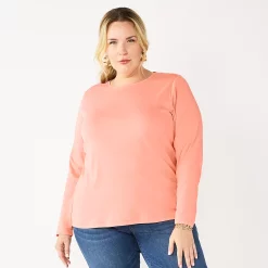 Plus Size Croft & Barrow® Essential Crewneck Long Sleeve Tee -Outlet Croft & Barrow Store 4470907 Paisley Peach
