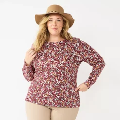 Plus Size Croft & Barrow® Essential Crewneck Long Sleeve Tee -Outlet Croft & Barrow Store 4470907 Plum Peach Field