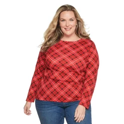 Plus Size Croft & Barrow® Essential Crewneck Long Sleeve Tee -Outlet Croft & Barrow Store 4470907 Red Plaid