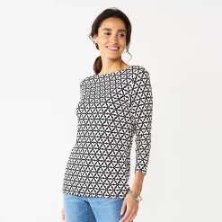 Women's Croft & Barrow® Boatneck Top -Outlet Croft & Barrow Store 4556649 Cream Black Geo
