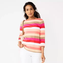 Women's Croft & Barrow® Boatneck Top -Outlet Croft & Barrow Store 4556649 Pink Rainbow Stripe