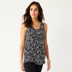 Women's Croft & Barrow® Print Pleated Tank -Outlet Croft & Barrow Store 4777679 Black Foliage Floral