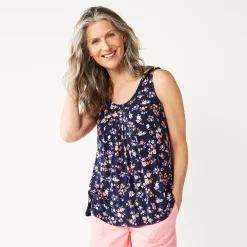 Women's Croft & Barrow® Print Pleated Tank -Outlet Croft & Barrow Store 4777679 Navy Floral