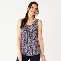 Women's Croft & Barrow® Print Pleated Tank -Outlet Croft & Barrow Store 4777679 Navy Folk Medallion