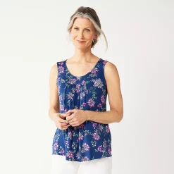 Women's Croft & Barrow® Print Pleated Tank -Outlet Croft & Barrow Store 4777679 Navy Pink Floral