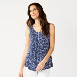 Women's Croft & Barrow® Print Pleated Tank -Outlet Croft & Barrow Store 4777679 Navy Scatter Leaf