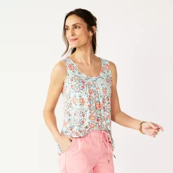 Women's Croft & Barrow® Print Pleated Tank -Outlet Croft & Barrow Store 4777679 Peach Folk Medallion