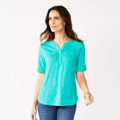 Women's Croft & Barrow® Roll-Tab Utility Henley Top -Outlet Croft & Barrow Store 4777816 Aqua