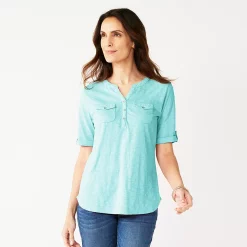 Women's Croft & Barrow® Roll-Tab Utility Henley Top -Outlet Croft & Barrow Store 4777816 Barefoot Beach