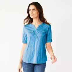 Women's Croft & Barrow® Roll-Tab Utility Henley Top -Outlet Croft & Barrow Store 4777816 Becca Blue