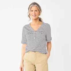 Women's Croft & Barrow® Roll-Tab Utility Henley Top -Outlet Croft & Barrow Store 4777816 Black Tiny Stripe