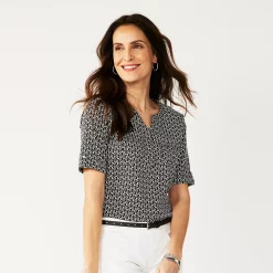 Women's Croft & Barrow® Roll-Tab Utility Henley Top -Outlet Croft & Barrow Store 4777816 Black White Tiny Tile