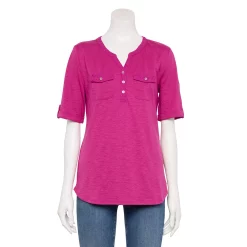 Women's Croft & Barrow® Roll-Tab Utility Henley Top -Outlet Croft & Barrow Store 4777816 Festival Fuchsia