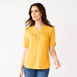 Women's Croft & Barrow® Roll-Tab Utility Henley Top -Outlet Croft & Barrow Store 4777816 Gold