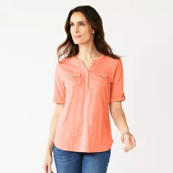 Women's Croft & Barrow® Roll-Tab Utility Henley Top -Outlet Croft & Barrow Store 4777816 Paisley Peach