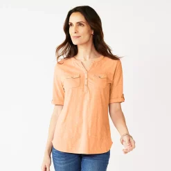 Women's Croft & Barrow® Roll-Tab Utility Henley Top -Outlet Croft & Barrow Store 4777816 Peach