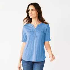 Women's Croft & Barrow® Roll-Tab Utility Henley Top -Outlet Croft & Barrow Store 4777816 Periwinkle Blue
