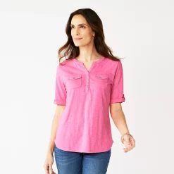 Women's Croft & Barrow® Roll-Tab Utility Henley Top -Outlet Croft & Barrow Store 4777816 Pink