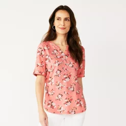 Women's Croft & Barrow® Roll-Tab Utility Henley Top -Outlet Croft & Barrow Store 4777816 Pink Cluster Floral