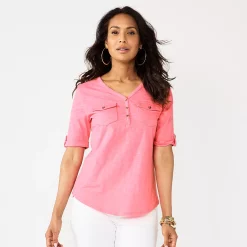Women's Croft & Barrow® Roll-Tab Utility Henley Top -Outlet Croft & Barrow Store 4777816 Pink Melon