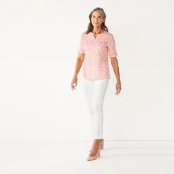 Women's Croft & Barrow® Roll-Tab Utility Henley Top -Outlet Croft & Barrow Store 4777816 Pink White Coral