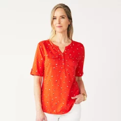 Women's Croft & Barrow® Roll-Tab Utility Henley Top -Outlet Croft & Barrow Store 4777816 Red Tiny Floral