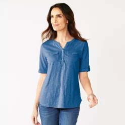 Women's Croft & Barrow® Roll-Tab Utility Henley Top -Outlet Croft & Barrow Store 4777816 Stream Blue