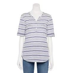 Women's Croft & Barrow® Roll-Tab Utility Henley Top -Outlet Croft & Barrow Store 4777816 White Navy Stripe