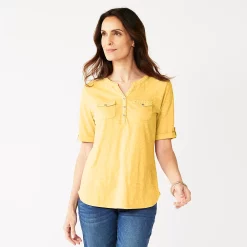 Women's Croft & Barrow® Roll-Tab Utility Henley Top -Outlet Croft & Barrow Store 4777816 Yellow Bloom